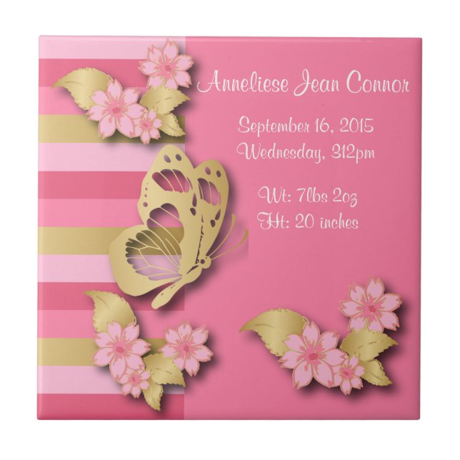 Pink & Gold Stripes with Flowers & Butterfly Tile (Front)