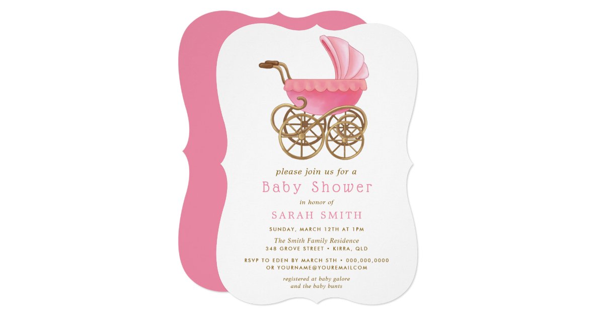 Pink & Gold Stroller Pram Baby Shower Invitation | Zazzle.com