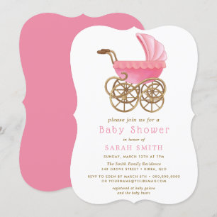 Pink & Gold Stroller Pram Baby Shower Invitation