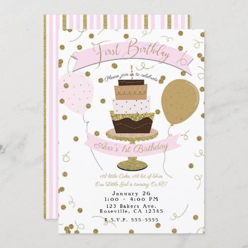 Pink  Gold Sugar is Sweet 1st First Birthday Cake Invitation