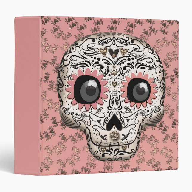 Pink & Gold Sugar Skull & Cute Whimsical Hearts 3 Ring Binder (Front/Spine)