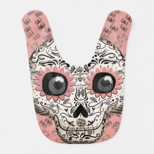 Pink & Gold Sugar Skull & Cute Whimsical Hearts Baby Bib