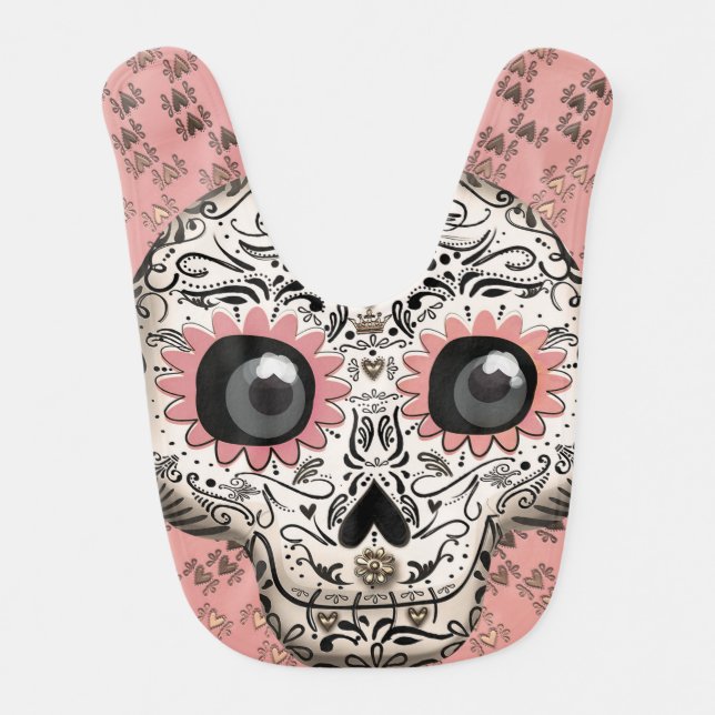 Pink & Gold Sugar Skull & Cute Whimsical Hearts Baby Bib (Front)