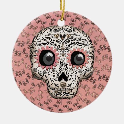 Pink  Gold Sugar Skull  Cute Whimsical Hearts Ceramic Ornament