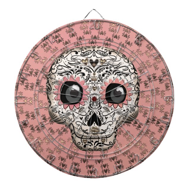 Pink & Gold Sugar Skull & Cute Whimsical Hearts Dart Board (Front)
