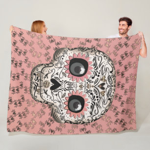 Pink & Gold Sugar Skull & Cute Whimsical Hearts Fleece Blanket