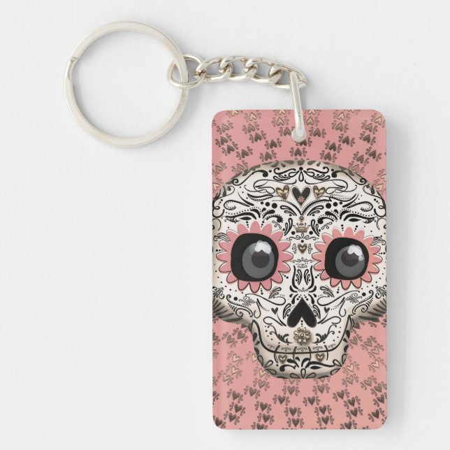 Pink & Gold Sugar Skull & Cute Whimsical Hearts Keychain (Front)