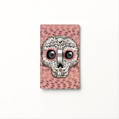 Pink  Gold Sugar Skull  Cute Whimsical Hearts Light Switch Cover