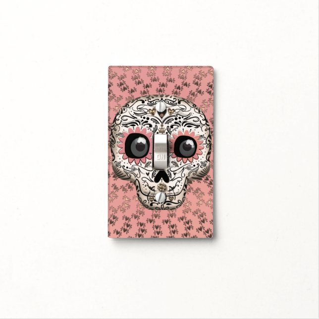 Pink & Gold Sugar Skull & Cute Whimsical Hearts Light Switch Cover (In Situ)