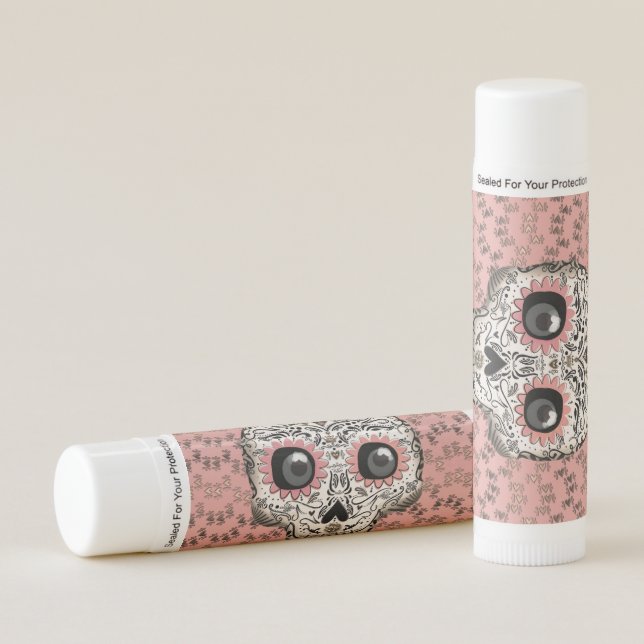 Pink & Gold Sugar Skull & Cute Whimsical Hearts Lip Balm (Front)