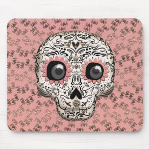 Pink & Gold Sugar Skull & Cute Whimsical Hearts Mouse Pad