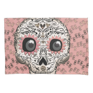 Pink & Gold Sugar Skull & Cute Whimsical Hearts Pillow Case