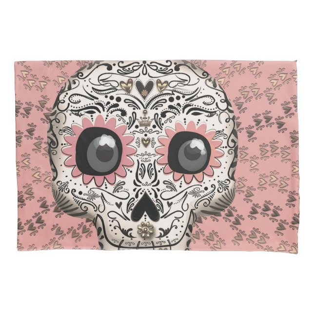Pink & Gold Sugar Skull & Cute Whimsical Hearts Pillow Case (Front)