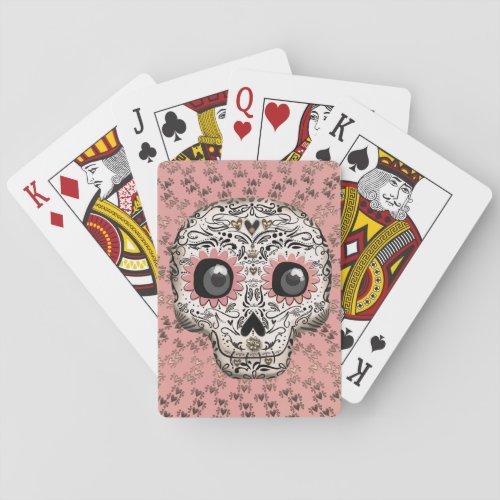 Pink  Gold Sugar Skull  Cute Whimsical Hearts Poker Cards