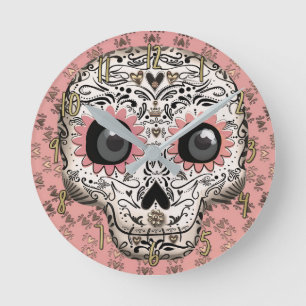 Pink & Gold Sugar Skull & Cute Whimsical Hearts Round Clock