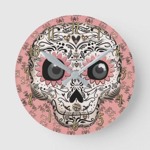 Pink  Gold Sugar Skull  Cute Whimsical Hearts Round Clock