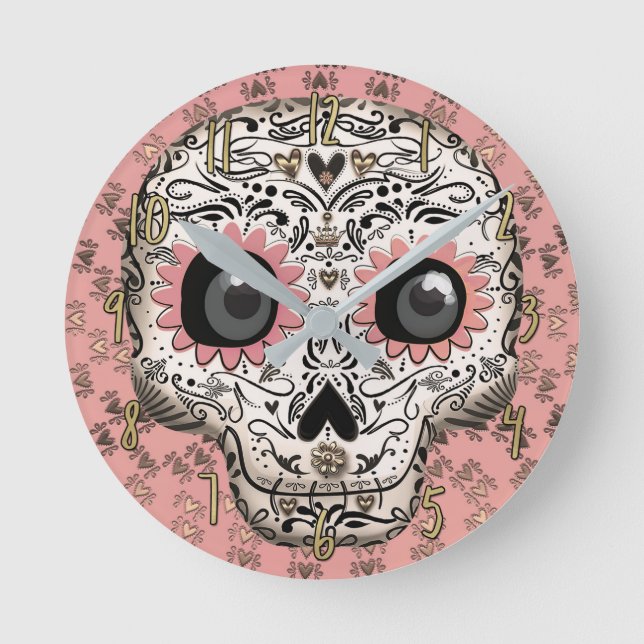 Pink & Gold Sugar Skull & Cute Whimsical Hearts Round Clock (Front)