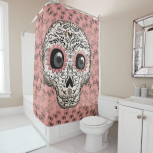 Pink & Gold Sugar Skull & Cute Whimsical Hearts Shower Curtain