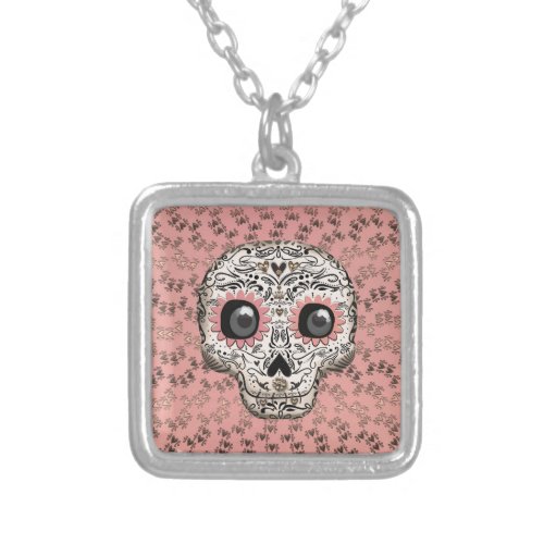 Pink  Gold Sugar Skull  Cute Whimsical Hearts Silver Plated Necklace