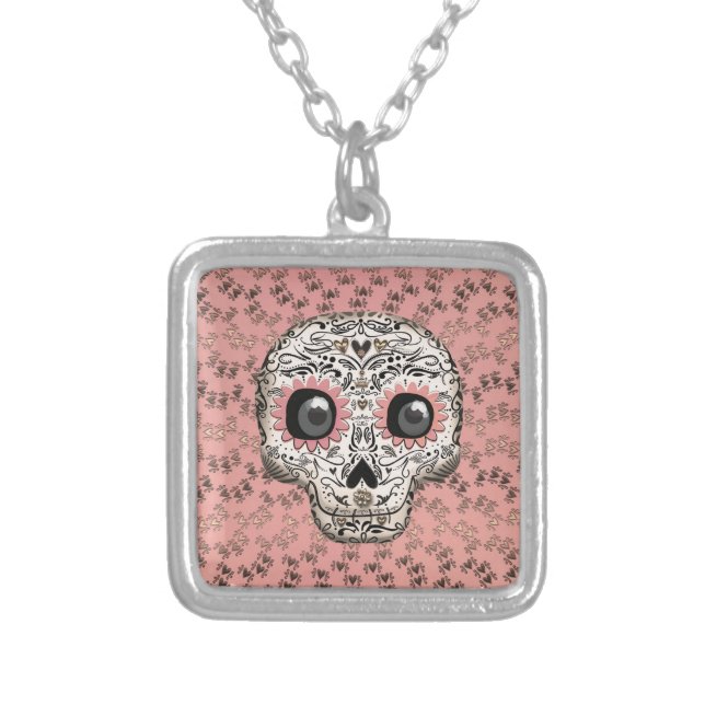 Pink & Gold Sugar Skull & Cute Whimsical Hearts Silver Plated Necklace (Front)