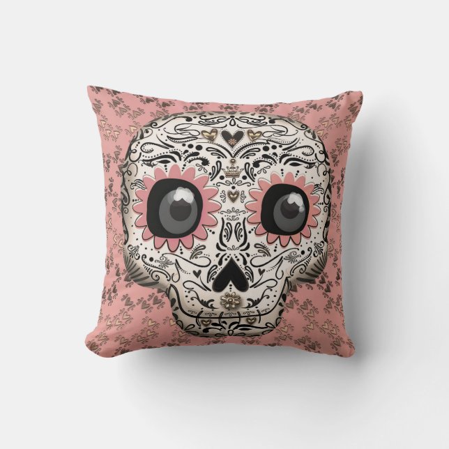 Pink & Gold Sugar Skull & Cute Whimsical Hearts Throw Pillow (Front)