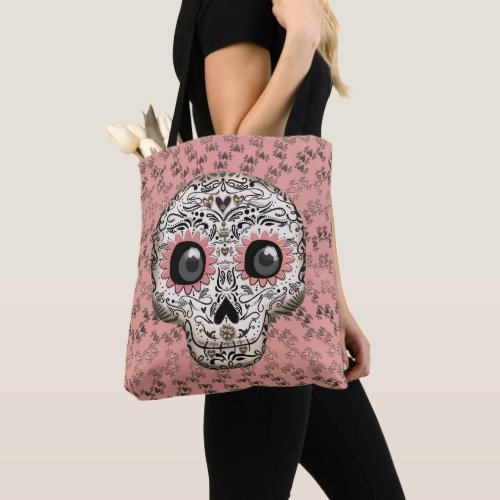 Pink  Gold Sugar Skull  Cute Whimsical Hearts Tote Bag