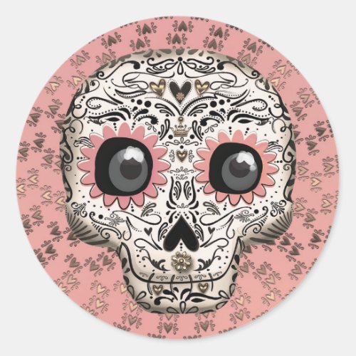 Pink  Gold Sugar Skull Whimsical Cute Party Classic Round Sticker