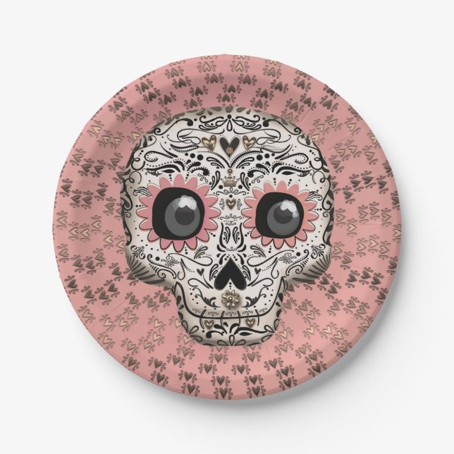 Pink & Gold Sugar Skull Whimsical Cute Party Paper Plates (Front)