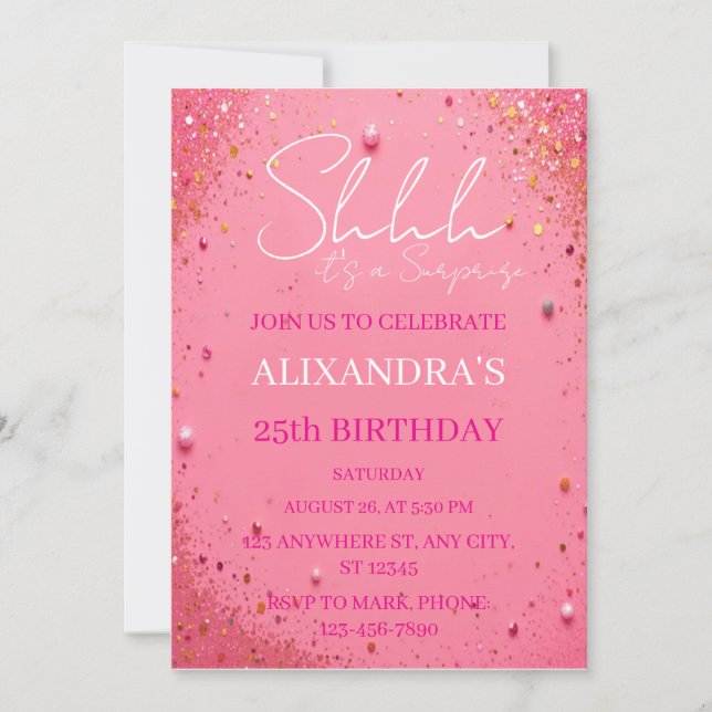 Pink Gold Surprise Birthday Invitation, Editable T Invitation (Front)