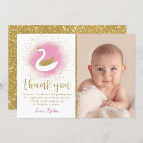 Pink Gold Swan Birthday Photo Thank You Card