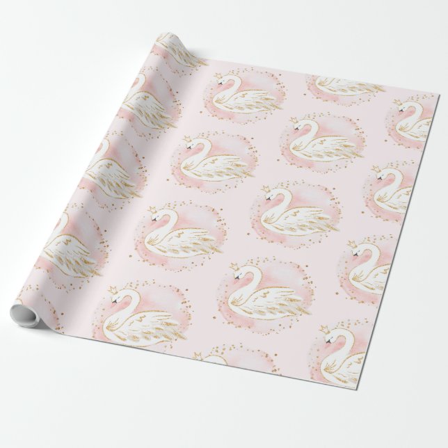 Pink Gold Swan Princess Baby Shower Birthday Party Wrapping Paper (Unrolled)