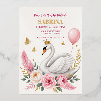 Pink Gold Swan Princess Balloon Birthday Party Foil Invitation