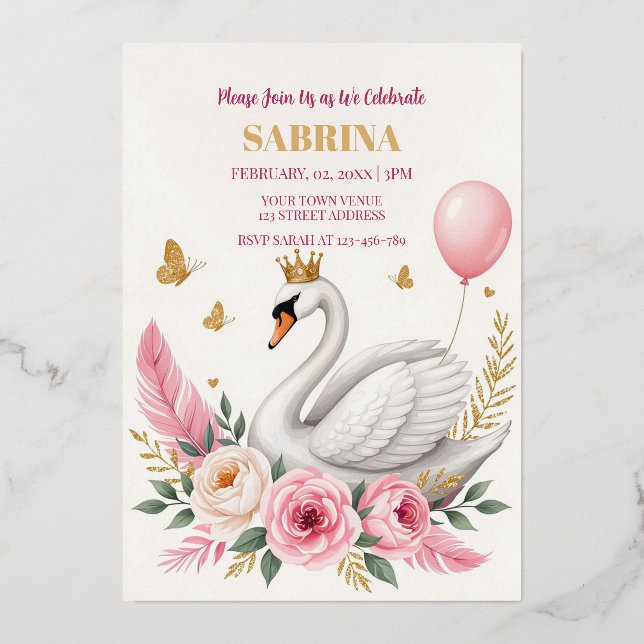 Pink Gold Swan Princess Balloon Birthday Party Foil Invitation (Front)
