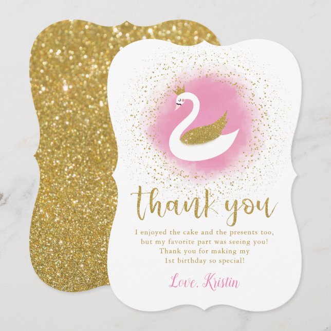 Pink Gold Swan Princess Birthday Thank You Card (Front/Back)