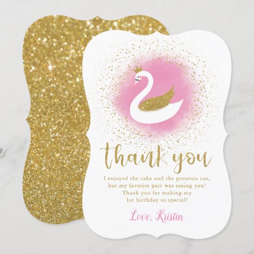 Pink Gold Swan Princess Birthday Thank You Card