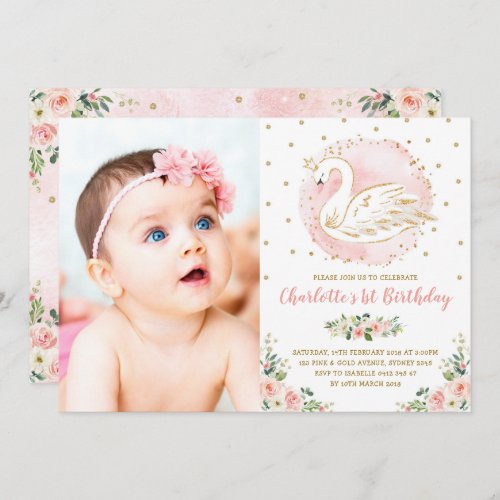Pink Gold Swan Princess Floral Birthday Party Invitation