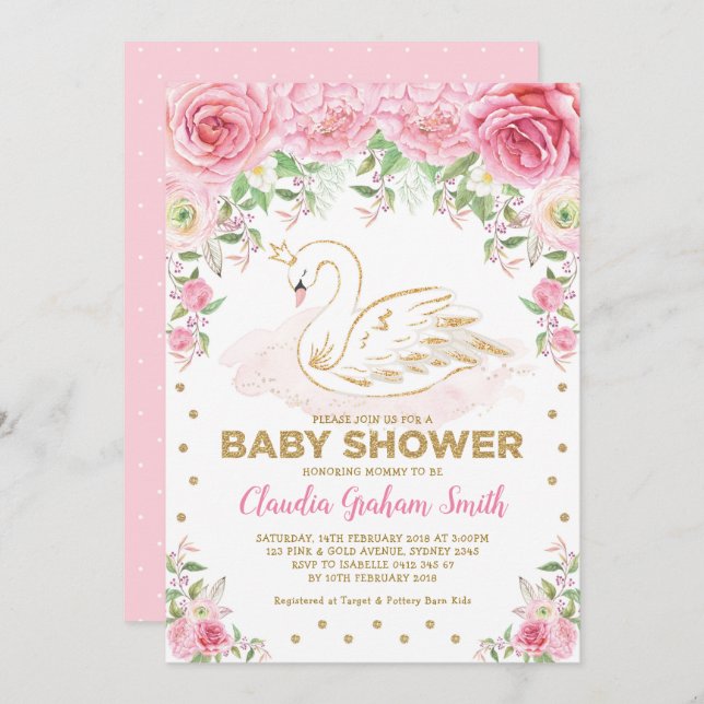 Pink Gold Swan Princess Girl Baby Shower Invitation (Front/Back)