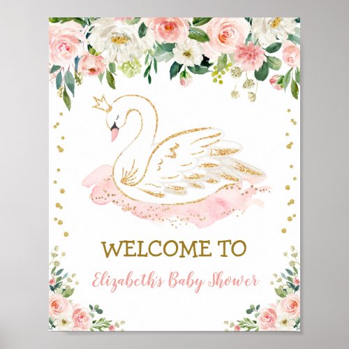 Pink Gold Swan Princess Girl Baby Shower Welcome Poster