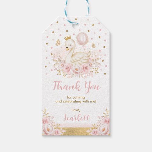 Pink  Gold Swan Princess with Balloon Birthday Gift Tags