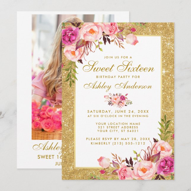 Pink Gold Sweet 16 Birthday Invite G - Photo Back (Front/Back)
