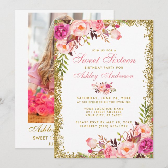 Pink Gold Sweet 16 Birthday Invite -  Photo Back (Front/Back)