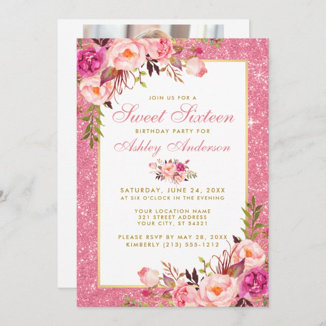 Pink Gold Sweet 16 Birthday Invite | Photo Back (Front/Back)