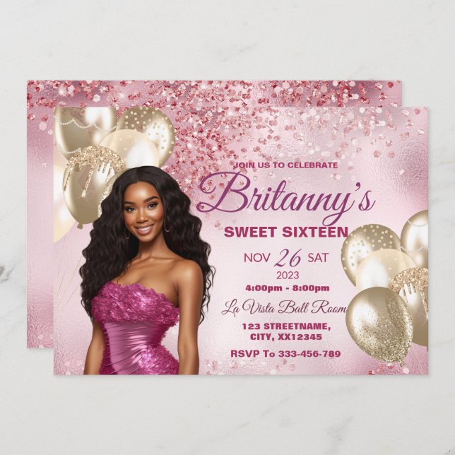 Pink & Gold Sweet 16 Girl Birthday Invitation (Front/Back)