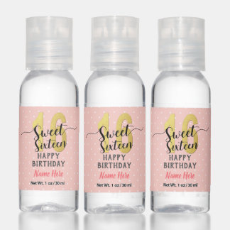 Pink & Gold Sweet 16 Sixteen Birthday Party Favors Hand Sanitizer