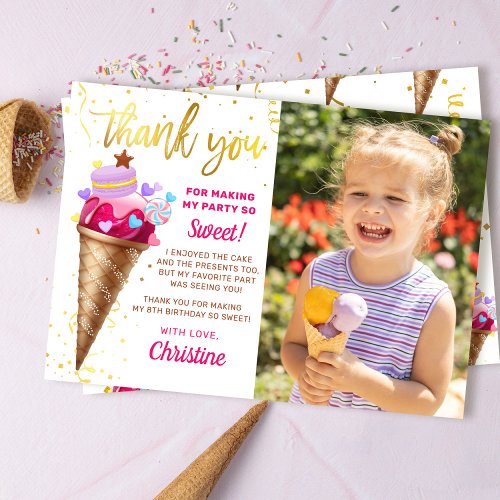 Pink Gold Sweet Ice Cream Birthday Photo Thank You Card