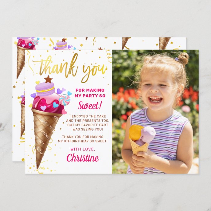 Pink Gold Sweet Ice Cream Birthday Photo Thank You Card