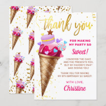 Pink Gold Sweet Ice Cream Birthday Thank You Card