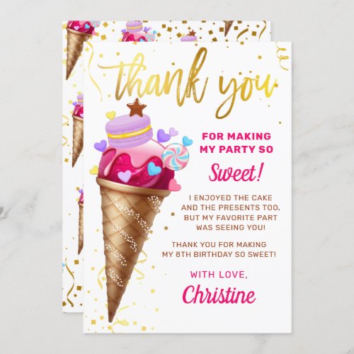 Pink Gold Sweet Ice Cream Birthday Thank You Card