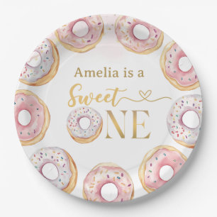 Pink Gold Sweet One Donut Birthday Paper Plates
