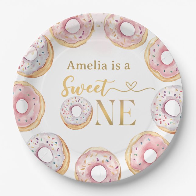 Pink Gold Sweet One Donut Birthday Paper Plates (Front)